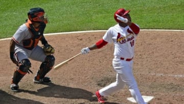 Jun 1, 2014; St. Louis, MO, USA; St. Louis Cardinals right fielder Oscar Taveras (18) bats against the San Francisco Giants. Mandatory Credit: Jeff Curry-USA TODAY Sports