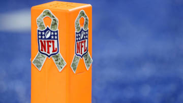 DETROIT, MI - NOVEMBER 20: The NFL is celebrating Military appreciation with a different logo on the end zone pylon at the Jacksonville Jaguars and Detroit Lions game at Ford Field on November 20, 2016 in Detroit, Michigan. (Photo by Leon Halip/Getty Images)