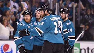Jun 4, 2016; San Jose, CA, USA; San Jose Sharks defenseman Justin Braun (61) celebrates with teammates after scoring a goal against the Pittsburgh Penguins in the first period of game three of the 2016 Stanley Cup Final at SAP Center at San Jose. Mandatory Credit: Kyle Terada-USA TODAY Sports