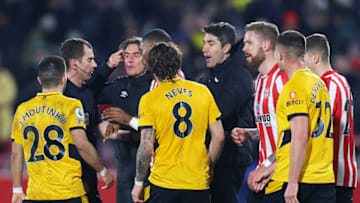 BRENTFORD, ENGLAND - JANUARY 22: Thomas Frank, Manager of Brentford protests towards Match Referee, Peter Bankes during the Premier League match between Brentford and Wolverhampton Wanderers at Brentford Community Stadium on January 22, 2022 in Brentford, England. (Photo by Catherine Ivill/Getty Images)