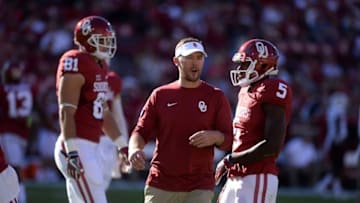 Sep 10, 2016; Norman, OK, USA; Oklahoma Sooners offensive coordinator Lincoln Riley speaks to his players prior to action against the Louisiana Monroe Warhawks at Gaylord Family - Oklahoma Memorial Stadium. Mandatory Credit: Mark D. Smith-USA TODAY Sports