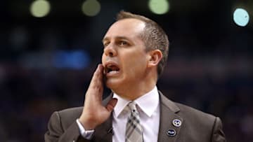 Apr 18, 2016; Toronto, Ontario, CAN; Indiana Pacers head coach Frank Vogel yells out instructions against the Toronto Raptors in game two of the first round of the 2016 NBA Playoffs at Air Canada Centre. The Raptors beat the Pacers 98-87. Mandatory Credit: Tom Szczerbowski-USA TODAY Sports