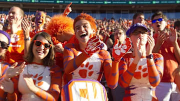 Oct 4, 2014; Clemson, SC, USA; Clemson Tigers fans react during the third quarter against the North Carolina State Wolfpack at Clemson Memorial Stadium. Mandatory Credit: Joshua S. Kelly-USA TODAY Sports