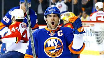 Apr 20, 2016; Brooklyn, NY, USA; New York Islanders center John Tavares (91) celebrates after scoring a power play goal against the Florida Panthers during the second period of game four of the first round of the 2016 Stanley Cup Playoffs against the Florida Panthers at Barclays Center. Mandatory Credit: Andy Marlin-USA TODAY Sports