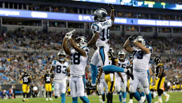CHARLOTTE, NC - AUGUST 31: Damiere Byrd #18 of the Carolina Panthers celebrates after scoring a touchdown with teammate Curtis Samuel #10 of the Carolina Panthers during their game against the Pittsburgh Steelers at Bank of America Stadium on August 31, 2017 in Charlotte, North Carolina. (Photo by Streeter Lecka/Getty Images)