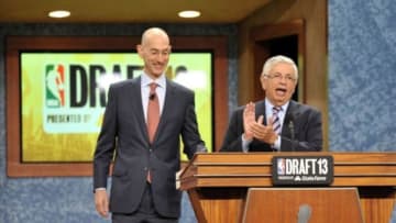 Jun 27, 2013; Brooklyn, NY, USA; NBA commissioner David Stern (right) introduces deputy commissioner Adam Silver after the first round of the 2013 NBA Draft at the Barclays Center. Mandatory Credit: Joe Camporeale-USA TODAY Sports