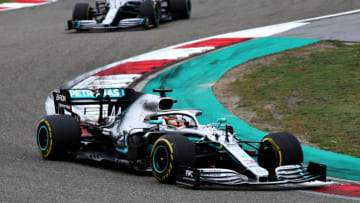 SHANGHAI, CHINA - APRIL 14: Lewis Hamilton of Great Britain driving the (44) Mercedes AMG Petronas F1 Team Mercedes W10 leads Valtteri Bottas driving the (77) Mercedes AMG Petronas F1 Team Mercedes W10 (Photo by Mark Thompson/Getty Images)