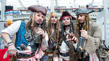 LONDON, ENGLAND - JULY 27: A Pirates of The Caribbean cosplayer group all in character as Jack Sparrow seen during London Film and Comic Con 2019 at Olympia London on July 27, 2019 in London, England. (Photo by Ollie Millington/Getty Images)