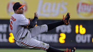 Jul 18, 2016; Bronx, NY, USA; Baltimore Orioles second baseman Jonathan Schoop (6) is unable to make the play against the New York Yankees during the seventh inning at Yankee Stadium. Mandatory Credit: Adam Hunger-USA TODAY Sports