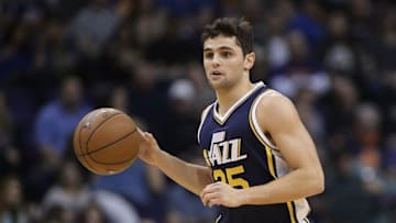 Feb 6, 2016; Phoenix, AZ, USA; Utah Jazz guard Raul Neto (25) dribbles the ball up the court in the game against the Phoenix Suns at Talking Stick Resort Arena. Mandatory Credit: Jennifer Stewart-USA TODAY Sports