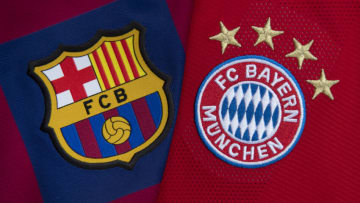 MANCHESTER, ENGLAND - SEPTEMBER 12: The FC Barcelona and FC Bayern Munich club badges on their first team home shirts ahead of their UEFA Champions League Group E match at the Camp Nou, Barcelona on September 12, 2021 in Manchester, United Kingdom. (Photo by Visionhaus/Getty Images)