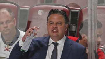 SUNRISE, FL - JANUARY 9: Head coach Travis Green of the Vancouver Canucks reacts to third period action against the Florida Panthers at the BB&T Center on January 9, 2020 in Sunrise, Florida. The Panthers defeated the Canucks 5-2. (Photo by Joel Auerbach/Getty Images)