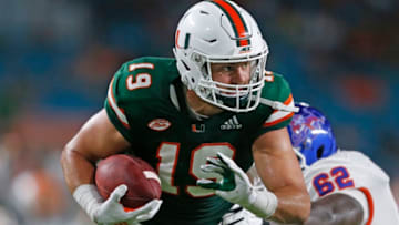 MIAMI GARDENS, FL - SEPTEMBER 8: Scott Patchan #19 of the Miami Hurricanes runs in a blocked punt for a touchdown against the Savannah State Tigers during fourth quarter action on September 8, 2018 at Hard Rock Stadium in Miami Gardens, Florida. Miami defeated Savannah State 77-0. (Photo by Joel Auerbach/Getty Images)