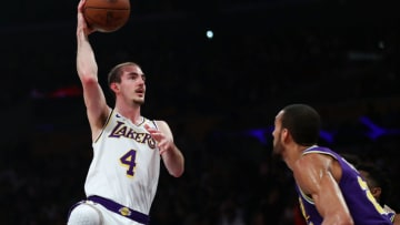 LOS ANGELES, CALIFORNIA - APRIL 07: Alex Caruso #4 of the Los Angeles Lakers shoots against Rudy Gobert #27 of the Utah Jazz during the first half at Staples Center on April 07, 2019 in Los Angeles, California. NOTE TO USER: User expressly acknowledges and agrees that, by downloading and or using this photograph, User is consenting to the terms and conditions of the Getty Images License Agreement. (Photo by Yong Teck Lim/Getty Images)