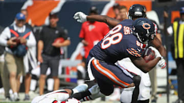 CHICAGO, IL - SEPTEMBER 10: Dion Sims #88 of the Chicago Bears breaks away from Ricardo Allen #37 of the Atlanta Falcons during the season opening game at Soldier Field on September 10, 2017 in Chicago, Illinois. The Falcons defeated the Bears 23-17. (Photo by Jonathan Daniel/Getty Images)
