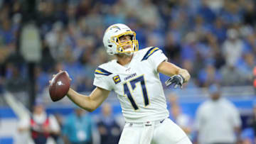 DETROIT, MI - SEPTEMBER 15: Philip Rivers #17 of the Los Angeles Chargers drops back to pass during the first quarter of the game against the Detroit Lions at Ford Field on September 15, 2019 in Detroit, Michigan. (Photo by Rey Del Rio/Getty Images)