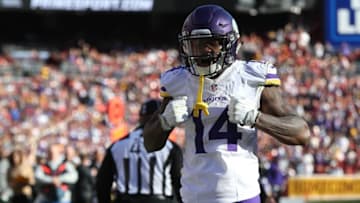 Nov 13, 2016; Landover, MD, USA; Minnesota Vikings wide receiver Stefon Diggs (14) gestures after catching a pass against the Washington Redskins in the second quarter at FedEx Field. Mandatory Credit: Geoff Burke-USA TODAY Sports