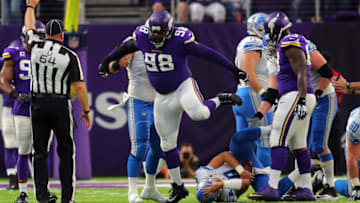 MINNEAPOLIS, MN - OCTOBER 1: Linval Joseph #98 of the Minnesota Vikings sacks Matthew Stafford #9 of the Detroit Lions in the second quarter of the game on October 1, 2017 at U.S. Bank Stadium in Minneapolis, Minnesota. (Photo by Adam Bettcher/Getty Images)