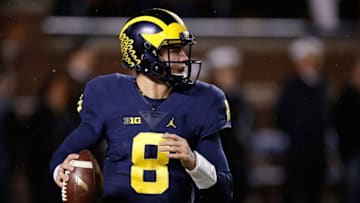 ANN ARBOR, MI - NOVEMBER 19: John O'Korn #8 of the Michigan Wolverines throws a second half pass while playing the Indiana Hoosiers on November 19, 2016 at Michigan Stadium in Ann Arbor, Michigan. Michigan won the game 20-10. (Photo by Gregory Shamus/Getty Images)