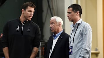 CHICAGO, IL - MAY 12: (L-R) Head coach of the Los Angeles Lakers Luke Walton, head coach Roy Williams of the North Carolina Tar Heels and Los Angeles Lakers general manager Rob Pelinka speak during Day Two of the NBA Draft Combine at Quest MultiSport Complex on May 12, 2017 in Chicago, Illinois. NOTE TO USER: User expressly acknowledges and agrees that, by downloading and or using this photograph, User is consenting to the terms and conditions of the Getty Images License Agreement. (Photo by Stacy Revere/Getty Images)