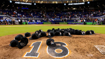 MIAMI, FL - SEPTEMBER 26: Miami Marlins leave their hats on the pitching mound to honor the late Jose Fernandez after the game against the New York Mets at Marlins Park on September 26, 2016 in Miami, Florida. (Photo by Rob Foldy/Getty Images)