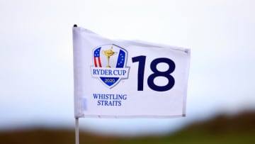 KOHLER, WISCONSIN - SEPTEMBER 21: A detail view of the flag for the 18th green prior to the 43rd Ryder Cup at Whistling Straits on September 21, 2021 in Kohler, Wisconsin. (Photo by Mike Ehrmann/Getty Images)