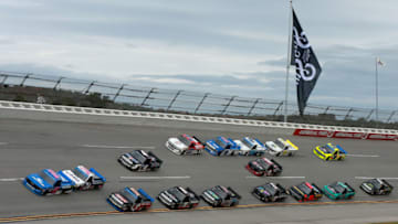 TALLADEGA, ALABAMA - OCTOBER 12: Stewart Friesen, driver of the #52 Halmar International Chevrolet, leads the field during the NASCAR Gander Outdoor Truck Series Sugarlands Shine 250 at Talladega Superspeedway on October 12, 2019 in Talladega, Alabama. (Photo by Sean Gardner/Getty Images)