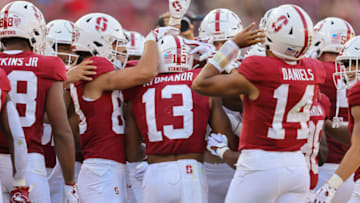 Sep 16, 2023; Stanford, California, USA; Stanford Cardinal wide receiver Elic Ayomanor (13) is congratulated by teammates after catching a touchdown pass during the second quarter against the Sacramento State Hornets at Stanford Stadium. Mandatory Credit: Sergio Estrada-USA TODAY Sports