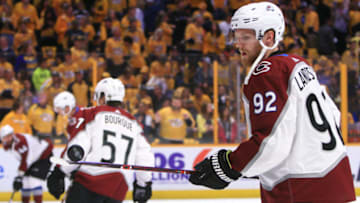 NASHVILLE, TN - APRIL 14: Colorado Avalanche left wing Gabriel Landeskog (92) juggles the puck prior to Game Two of Round One of the Stanley Cup Playoffs, held on April 14, 2018, at Bridgestone Arena in Nashville, Tennessee. (Photo by Danny Murphy/Icon Sportswire via Getty Images)