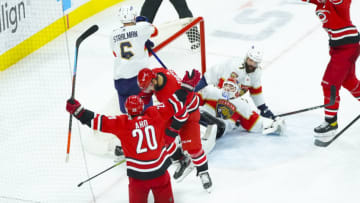 Apr 6, 2021; Raleigh, North Carolina, USA; Carolina Hurricanes center Vincent Trocheck (16) scores a second period goal against Florida Panthers goaltender Sergei Bobrovsky (72) at PNC Arena. Mandatory Credit: James Guillory-USA TODAY Sports