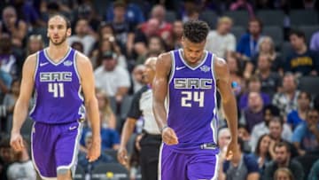Sacramento Kings center Kosta Koufos (41) and teammate Sacramento Kings guard Buddy Hield (24) walk off the court as their team trailed against the Washington Wizards by more than 30 points in the fourth quarter on Sunday, Oct. 29, 2017 at the Golden 1 Center in Sacramento, Calif. The Wizards won 110-83. (Hector Amezcua/Sacramento Bee/TNS via Getty Images)