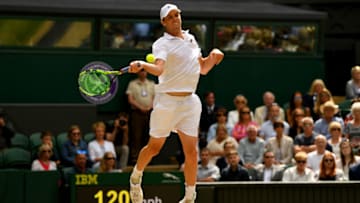 LONDON, ENGLAND - JULY 14: Sam Querrey of The United States plays a forehand during the Gentlemen's Singles semi final match against Marin Cilic of Croatia on day eleven of the Wimbledon Lawn Tennis Championships at the All England Lawn Tennis and Croquet Club at Wimbledon at Wimbledon on July 14, 2017 in London, England. (Photo by Shaun Botterill/Getty Images)