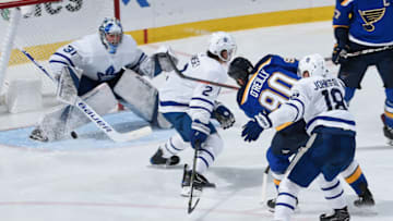ST. LOUIS, MO - FEBRUARY 19: The Toronto Maple Leafs defend against Ryan O'Reilly #90 of the St. Louis Blues as he takes a shot at Enterprise Center on February 19, 2019 in St. Louis, Missouri. (Photo by Joe Puetz/NHLI via Getty Images)