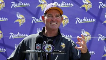 Jun 17, 2014; Eden Prairie, MN, USA; Minnesota Vikings head coach Mike Zimmer speaks with the media after morning practice at Winter Park. Mandatory Credit: Bruce Kluckhohn-USA TODAY Sports