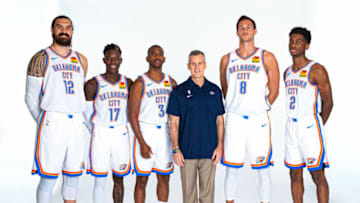 Steven Adams #12, Dennis Schroder #17, Chris Paul #3, Head Coach Billy Donovan, Danilo Gallinari #8, and Shai Gilgeous-Alexander #2 of the Oklahoma City Thunder (Photo by Zach Beeker/NBAE via Getty Images)