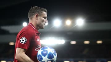 LIVERPOOL, ENGLAND - SEPTEMBER 18: James Milner of Liverpool holds the match ball during the Group C match of the UEFA Champions League between Liverpool and Paris Saint-Germain at Anfield on September 18, 2018 in Liverpool, United Kingdom. (Photo by Julian Finney/Getty Images)