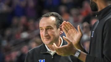Duke University Head Coach Mike Krzyzewski smiles in the closing seconds of a 85-76 win over Michigan State University during the second half of the NCAA Div. 1 Men's Basketball Tournament preliminary round game at Bon Secours Wellness Arena in Greenville, S.C. Sunday, March 20, 2022.Ncaa Men S Basketball Second Round Duke Vs Michigan State