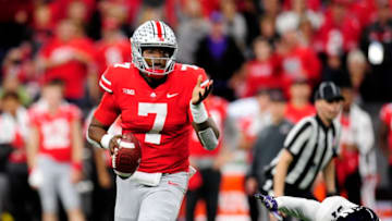 INDIANAPOLIS, IN - DECEMBER 01: Ohio State Buckeyes quarterback Dwayne Haskins (7) directs receivers as he scrambles out of the pocket during the Big Ten Conference Championship college football game between the Northwestern Wildcats and the Ohio State Buckeyes on December 1, 2018, at Lucas Oil Stadium in Indianapolis, Indiana. (Photo by Michael Allio/Icon Sportswire via Getty Images)