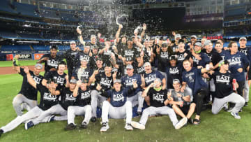 Sep 27, 2022; Toronto, Ontario, CAN; The New York Yankees pose for a team photo after defeating the Toronto Blue Jays to clinch the American League East division title at Rogers Centre. Mandatory Credit: Dan Hamilton-USA TODAY Sports