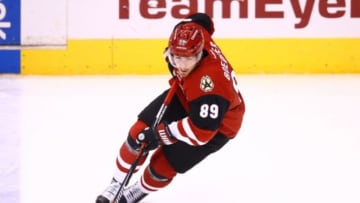 Feb 15, 2016; Glendale, AZ, USA; Arizona Coyotes left wing Mikkel Boedker (89) against the Montreal Canadiens at Gila River Arena. Mandatory Credit: Mark J. Rebilas-USA TODAY Sports