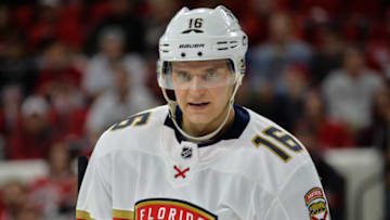 RALEIGH, NC - DECEMBER 02: Florida Panthers Center Aleksander Barkov (16) during a game between the Florida Panthers and the Carolina Hurricanes at the PNC Arena in Raleigh, NC on December 2, 2017. Carolina defeated Florida 3-2 in overtime. (Photo by Greg Thompson/Icon Sportswire via Getty Images)