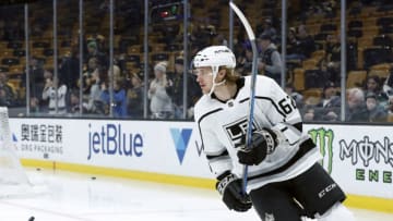 BOSTON, MA - FEBRUARY 09: Los Angeles Kings left wing Carl Hagelin (62) before a game between the Boston Bruins and the Los Angeles Kings on February 9, 2019, at TD Garden in Boston, Massachusetts. (Photo by Fred Kfoury III/Icon Sportswire via Getty Images)
