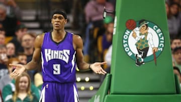 Feb 7, 2016; Boston, MA, USA; Sacramento Kings guard Rajon Rondo (9) reacts to a call during the second half of the Boston Celtics 128-119 win over the Sacramento Kings at TD Garden. Mandatory Credit: Winslow Townson-USA TODAY Sports