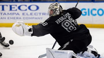 Nov 13, 2021; Tampa, Florida, USA; Tampa Bay Lightning goaltender Andrei Vasilevskiy (88) reaches for the puck against the Florida Panthers in the first period at Amalie Arena. Mandatory Credit: Nathan Ray Seebeck-USA TODAY Sports