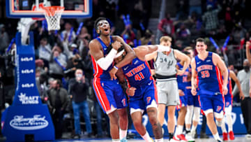 Hamidou Diallo #6 and Saddiq Bey #41 of the Detroit Pistons (Photo by Nic Antaya/Getty Images)