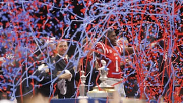 Jan 1, 2016; New Orleans, LA, USA; Mississippi Rebels wide receiver Laquon Treadwell (1) celebrates after the Rebels defeated Oklahoma State Cowboys 48-20 in the 2016 Sugar Bowl at the Mercedes-Benz Superdome. Mandatory Credit: Crystal LoGiudice-USA TODAY Sports