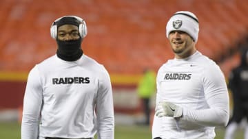Dec 8, 2016; Kansas City, MO, USA; Oakland Raiders wide receiver Amari Cooper (89) and quarterback Derek Carrr look on prior to their against the Kansas City Chiefs at Arrowhead Stadium. Mandatory Credit: Kirby Lee-USA TODAY Sports