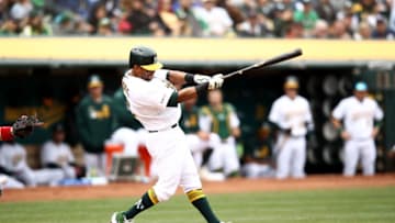 OAKLAND, CALIFORNIA - APRIL 04: Khris Davis #2 of the Oakland Athletics bats against the Boston Red Sox at Oakland-Alameda County Coliseum on April 04, 2019 in Oakland, California. (Photo by Ezra Shaw/Getty Images)