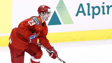 VANCOUVER , BC - JANUARY 5: Kirill Slepets #29 of Russia skates against Switzerland during a bronze medal game at the IIHF World Junior Championships at Rogers Arena on January 5, 2019 in Vancouver, British Columbia, Canada. (Photo by Kevin Light/Getty Images)