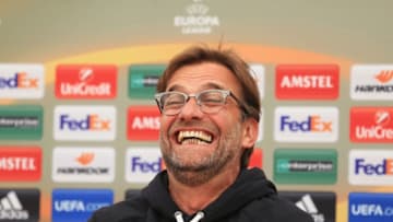 LIVERPOOL, ENGLAND - MAY 04: Jurgen Klopp, manager of Liverpool laughs during a press conference ahead of the UEFA Europa League Semi-Final Second Leg match against Villarreal at Melwood Training Ground on May 4, 2016 in Liverpool, England. (Photo by Clint Hughes/Getty Images)